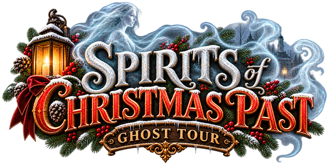 Spirits of Christmas Past Ghost Tour logo with lantern, snow, and ornate red-and-gold lettering