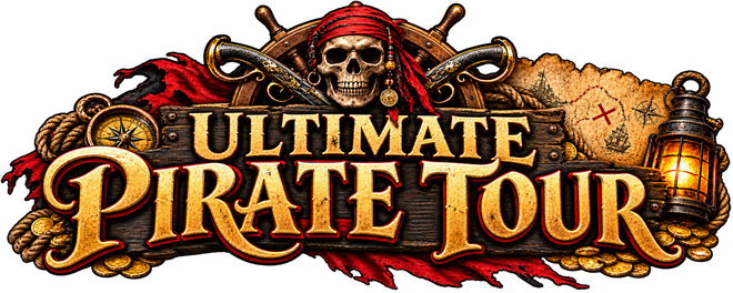 Ultimate Pirate Tour logo with skull, crossed swords, and parchment banner in gold, red, and black