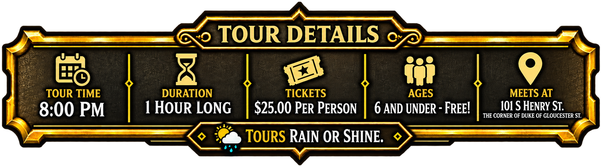 Gold-and-black tour details banner listing dates, prices, hotel, and Capitol visit with a “Tours” label.