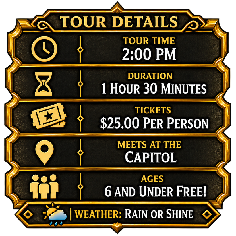Black-and-gold tour details poster with duration, tickets, age limit, meeting point, and 2 PM time.