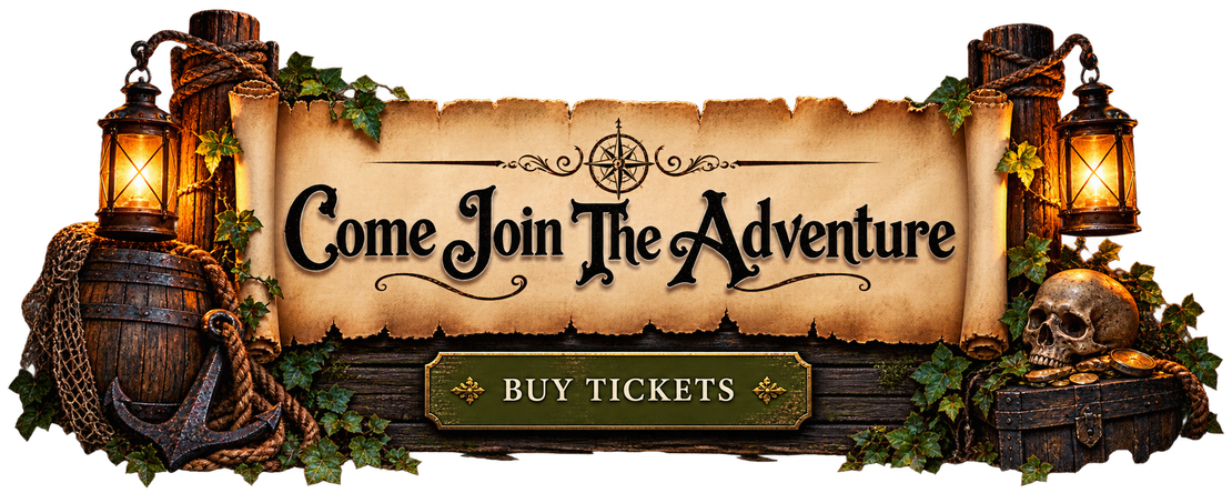 Fantasy banner reading “Come Join The Adventure” with a “Buy Tickets” button, framed by lanterns and vines