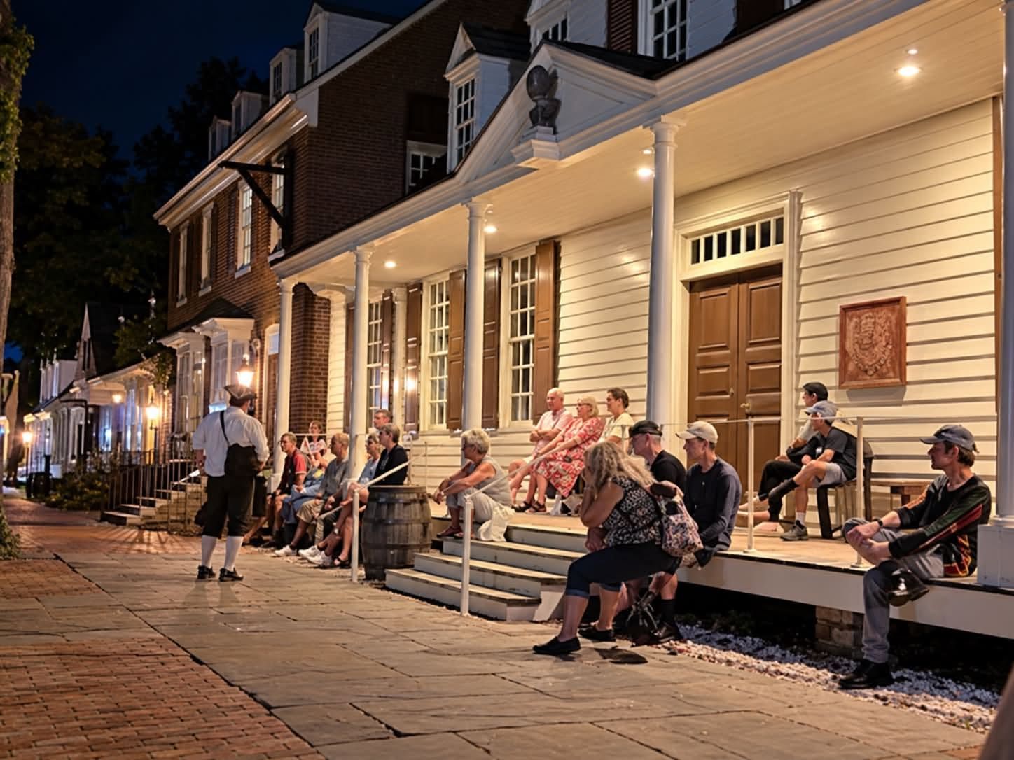 People sitting on a lit porch outside historic houses at dusk, with others walking along the sidewalk.