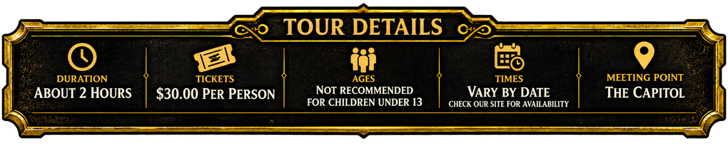 Gold and black “Tour Details” banner with four icons for duration, price, participants, and location.