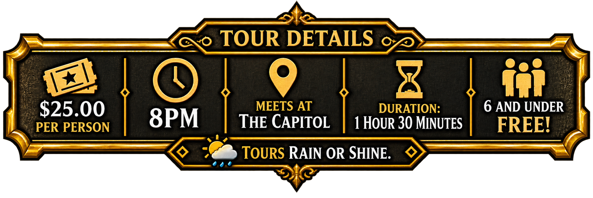 Tour details banner: $25 per person, 8 PM, meet at The Capitol, 1 hour 30 min, 4 and under free.