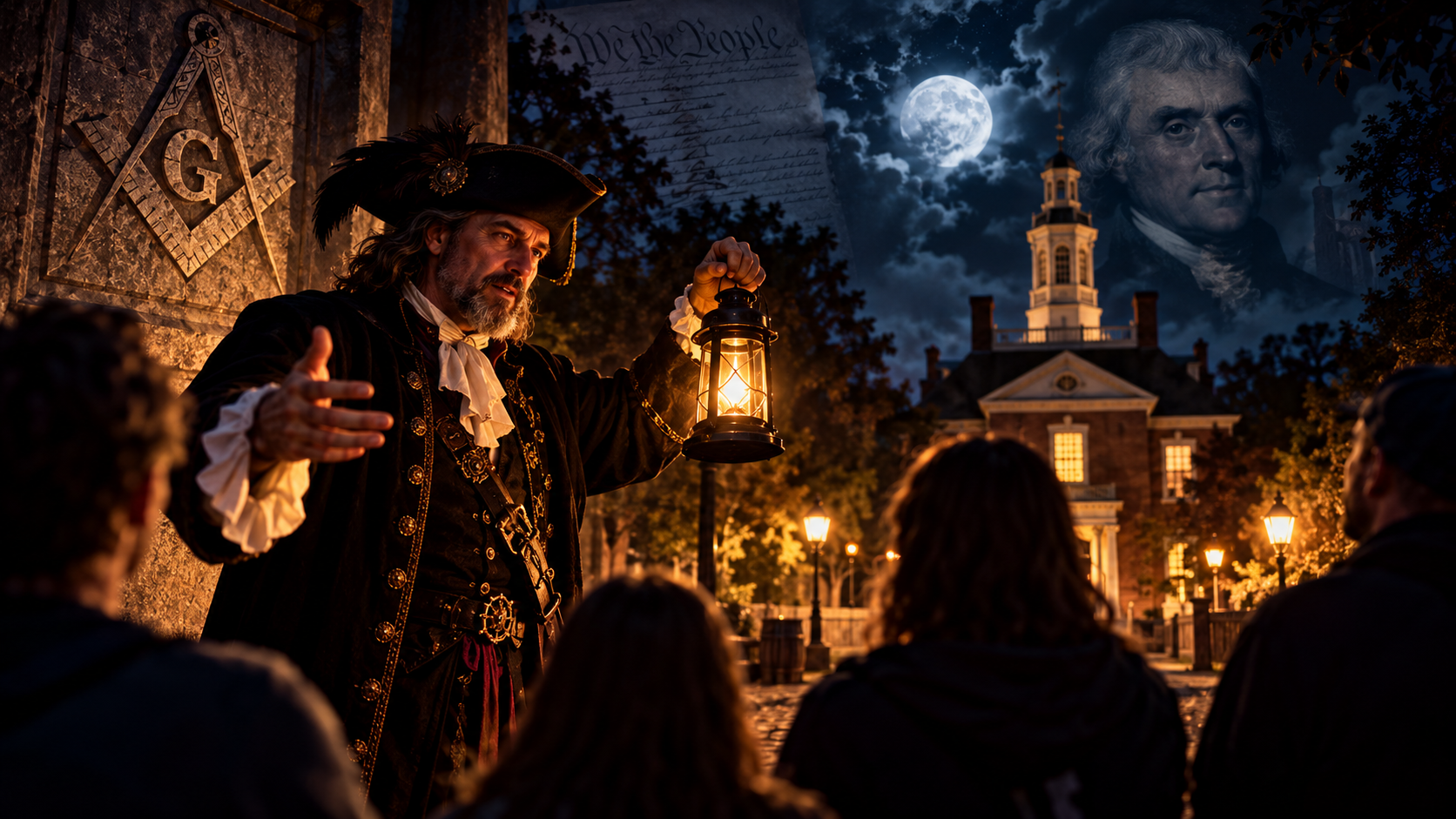 Lantern-lit night scene with silhouetted crowd, a costumed guide, and a historic church under the moonlight