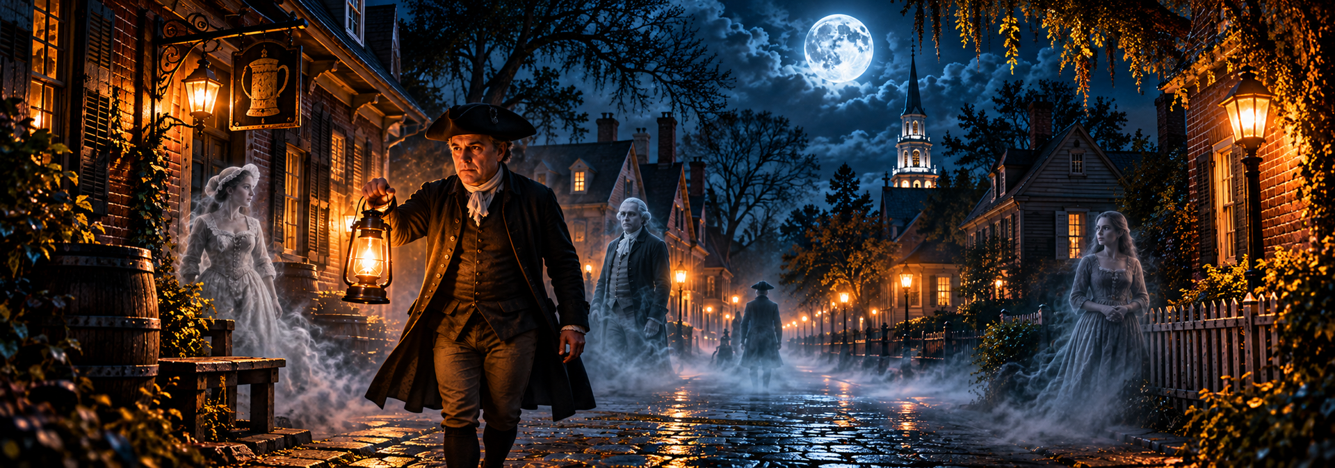 Moonlit riverside street with an umbrella-carrying person, warm lights, and a glowing castle in the distance