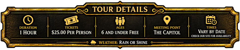Gold-and-black “Tour Details” banner with event schedule icons and showtimes at a gala venue.