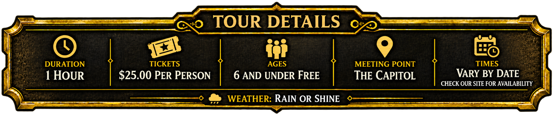 Gold-and-black “Tour Details” banner with event schedule icons and showtimes at a gala venue.