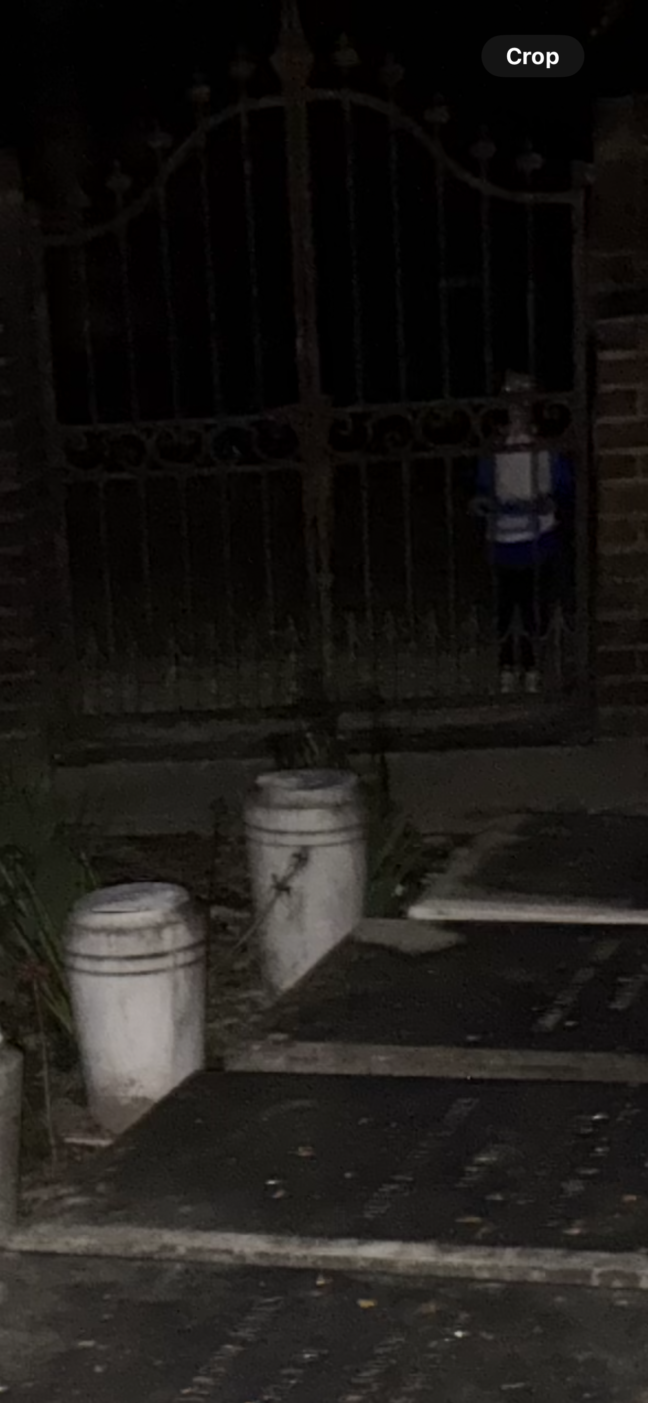 A person stands behind a wrought iron gate at night. Two ceramic barrels sit in front of the gate.