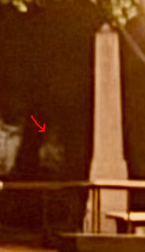 Red arrow points to a blurry figure near a tombstone in a dark outdoor setting.
