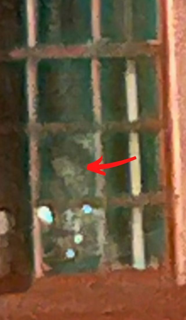 Window with green-tinted glass and vertical white bars; a blurred white shape is visible behind the glass.
