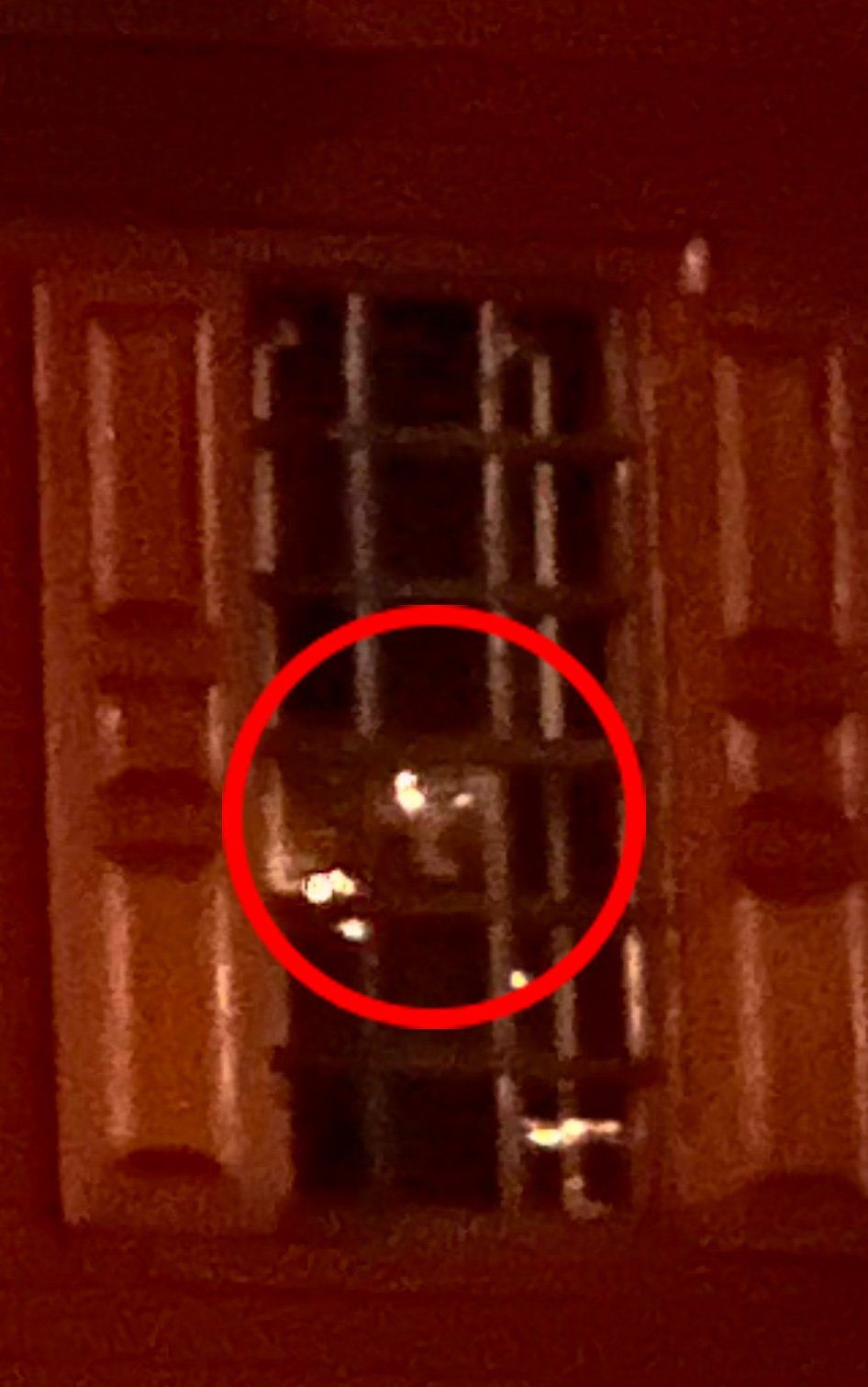 Window with barred frame, lights reflected on the glass with a blurry, glowing shape within the frame, encircled in red.