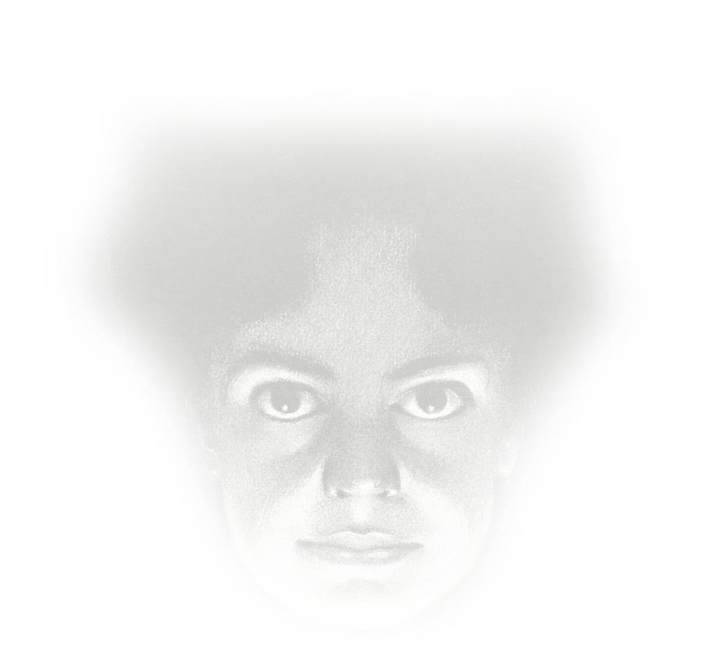 A shadowed face with wide eyes emerging from a bright, hazy background.