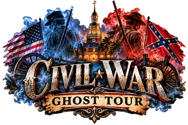 Civil War Ghost Tour logo with a lit courthouse, blue and red smoke, and American and Confederate flags
