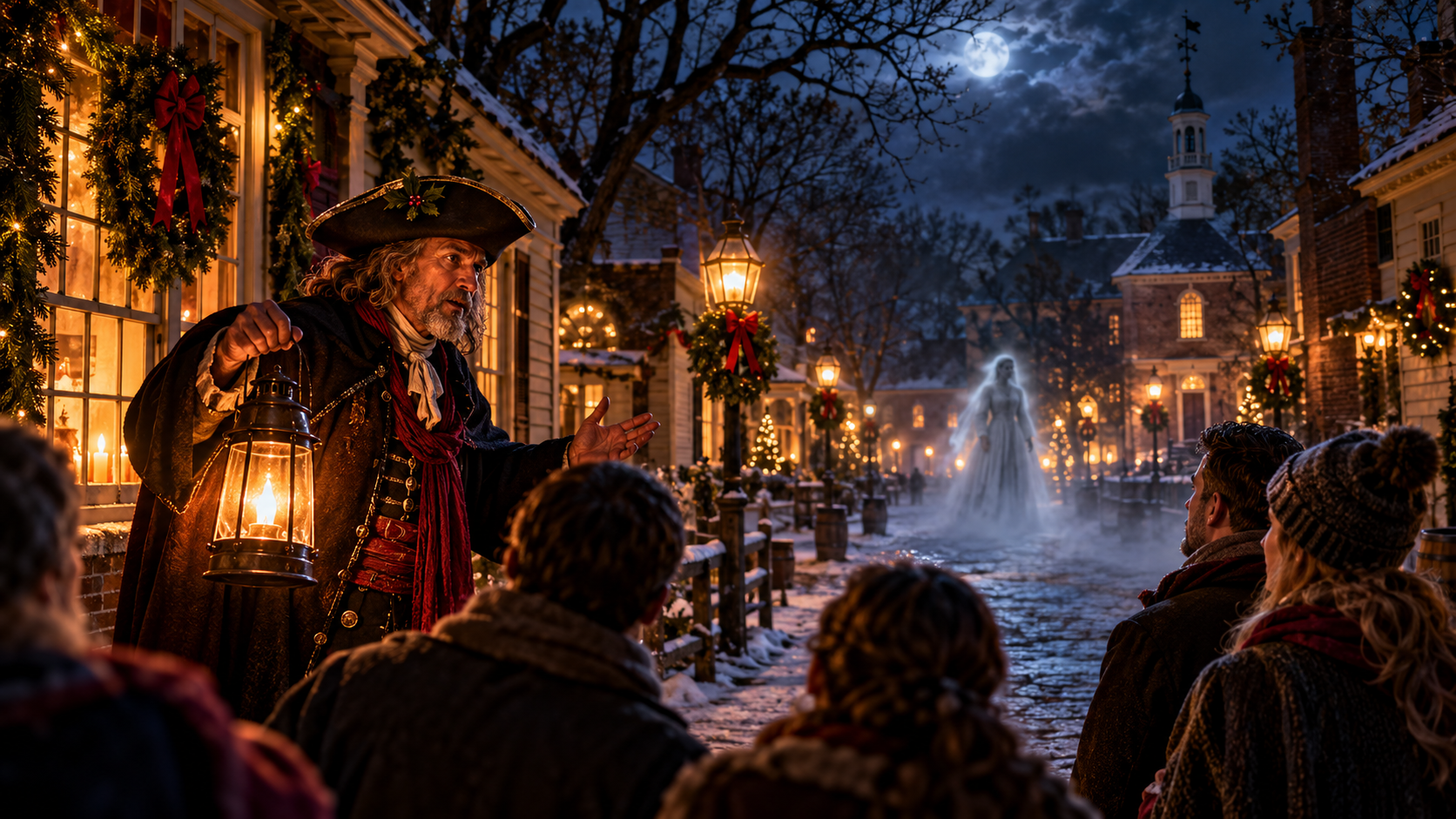 Crowd watching a festive night street scene with glowing lights, a fountain, and a decorated building