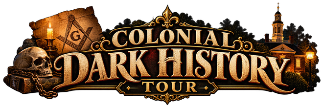 Colonial Dark History Tour logo with sepia parchment, ornate gold lettering, and colonial-era silhouettes