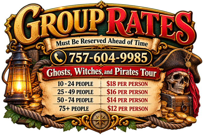 Group rates sign for Ghosts, Witches, and Pirates tour with phone number and pricing tiers