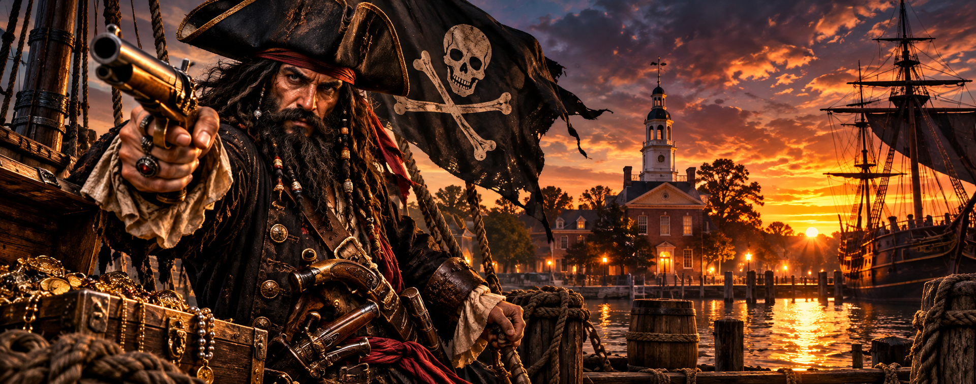 Pirate captain on a ship at sunset, with a skull flag and harbor lights glowing in the background