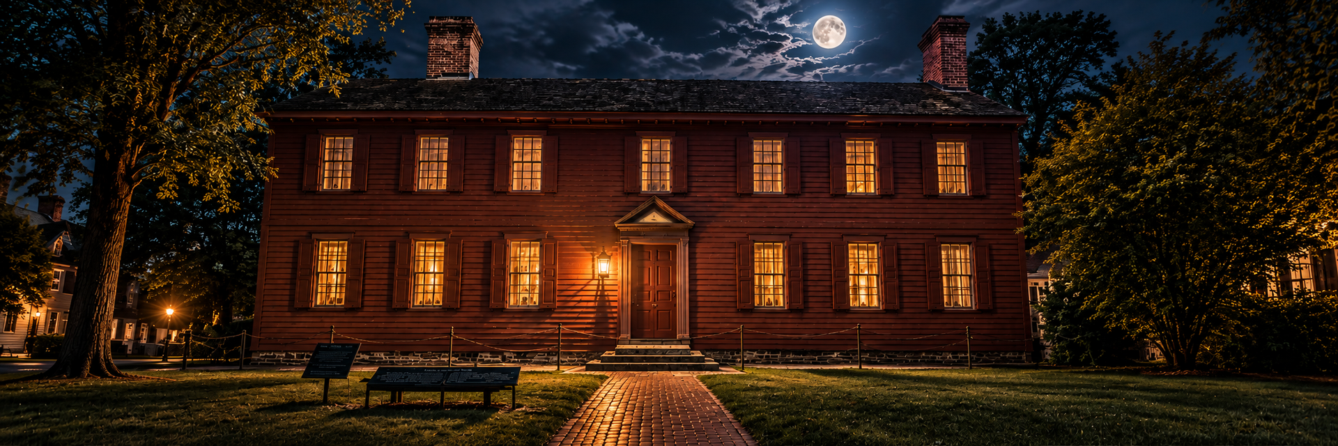 Warmly lit brick mansion at night with glowing windows, a central path, and a moonlit sky above.