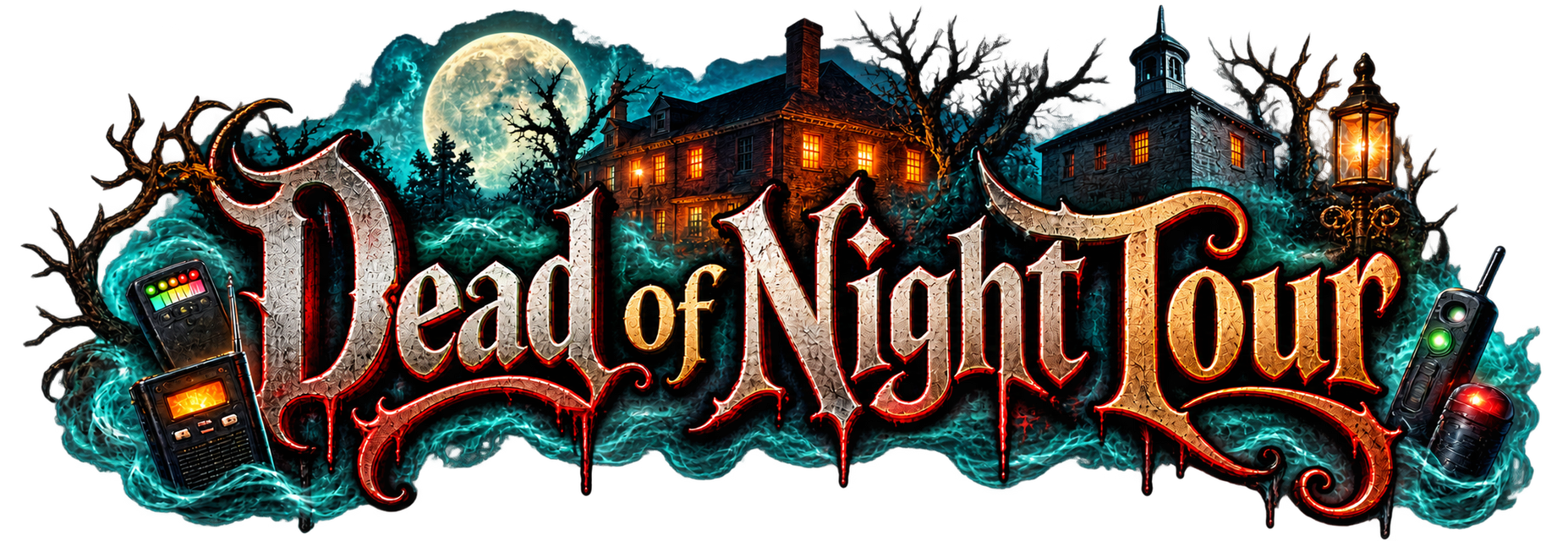 Dead of Night Tour logo in gothic lettering, with eerie teal and orange haunted scenery