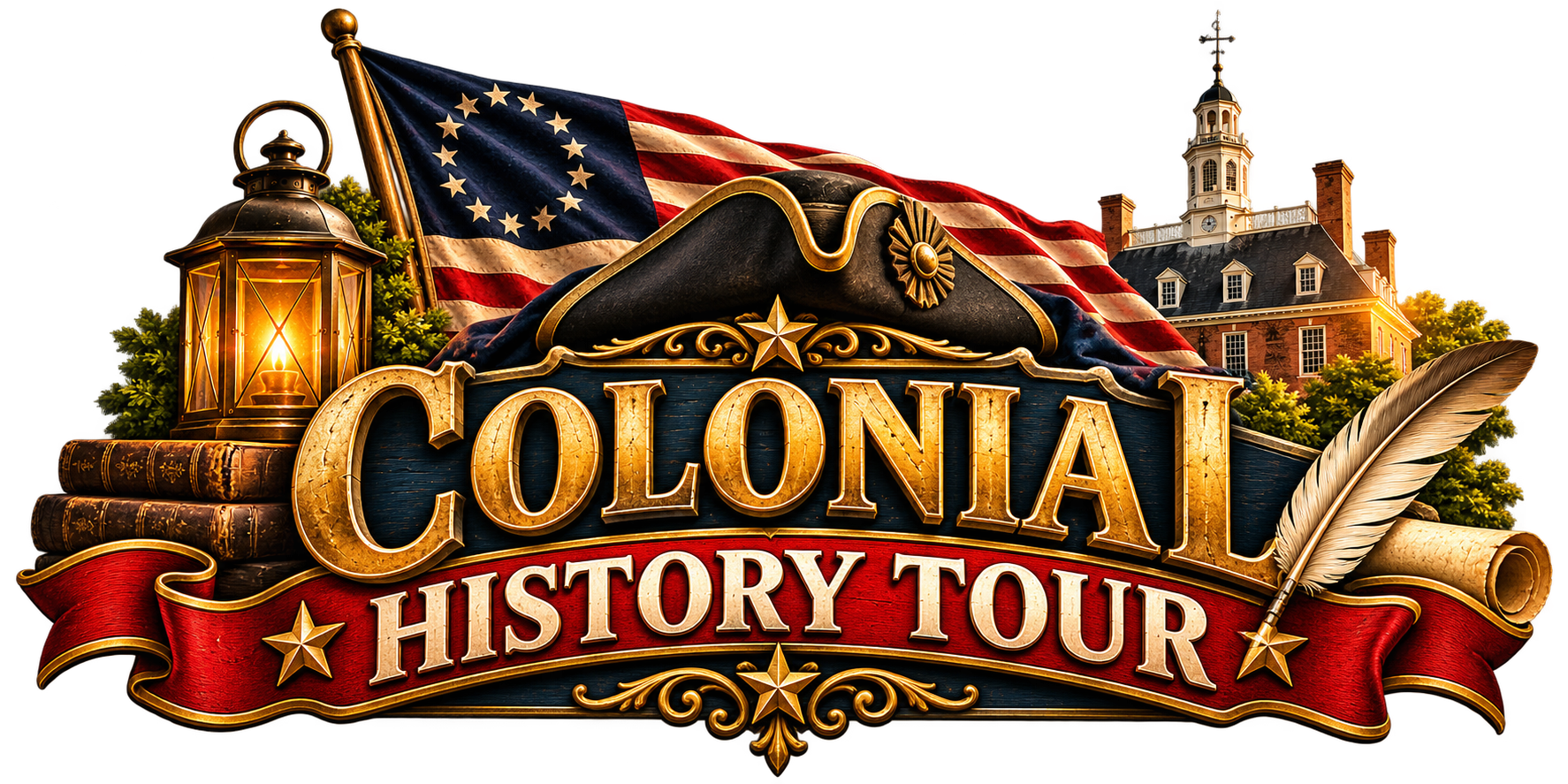 Colonial History Tour logo with U.S. flag, lantern, quill, and historic buildings