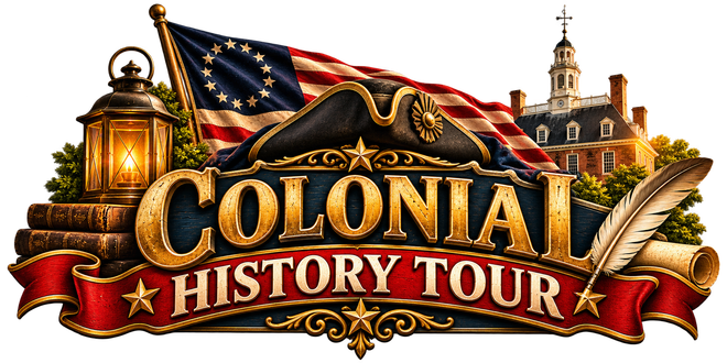 Colonial History Tour logo with gold lettering, American flag, lantern, quill, and colonial buildings