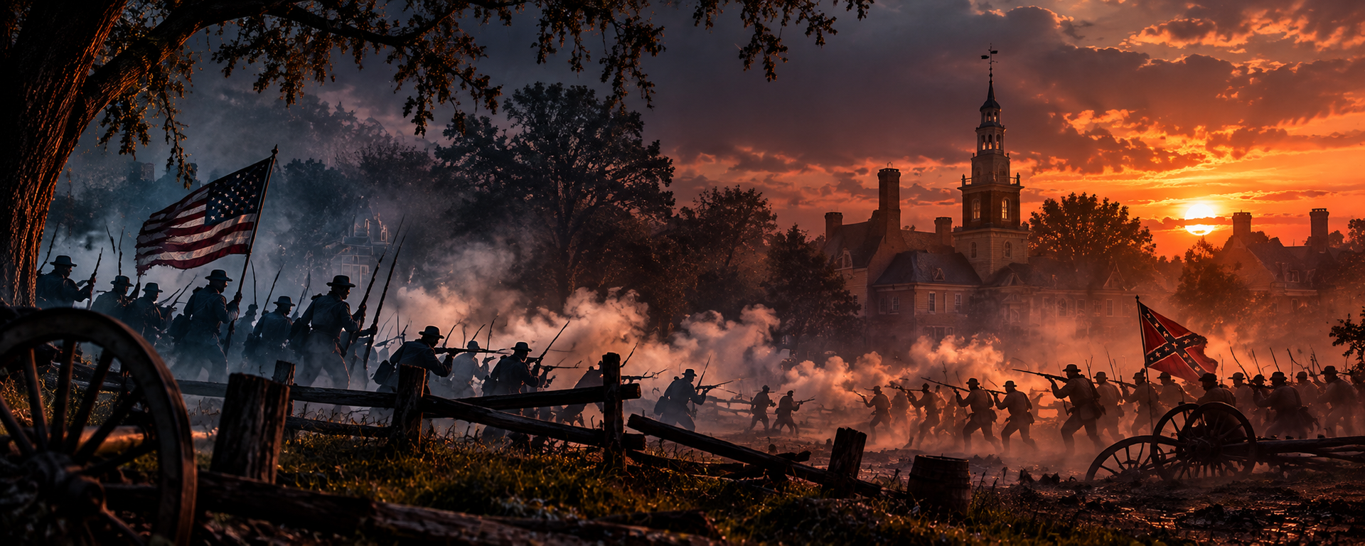 Sunrise over a smoky battlefield with American flag, broken fence, cannon, and distant church towers