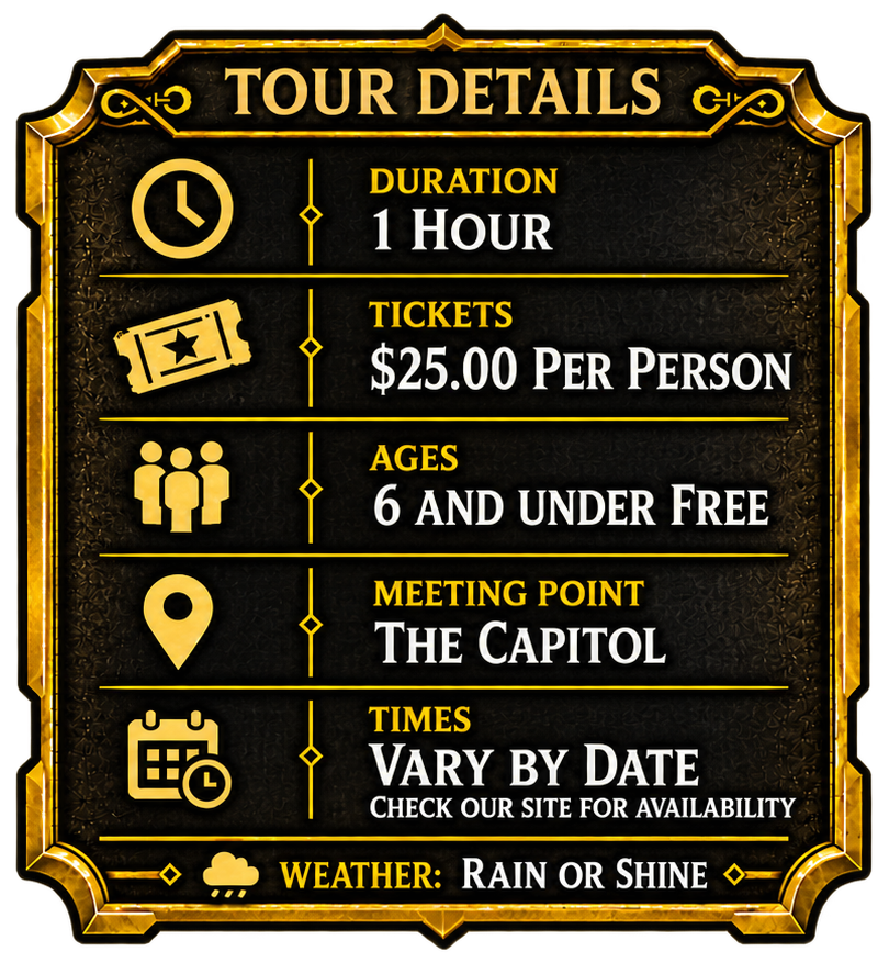 Black-and-gold tour details sign listing duration, tickets, ages, meeting point, times, and weather.