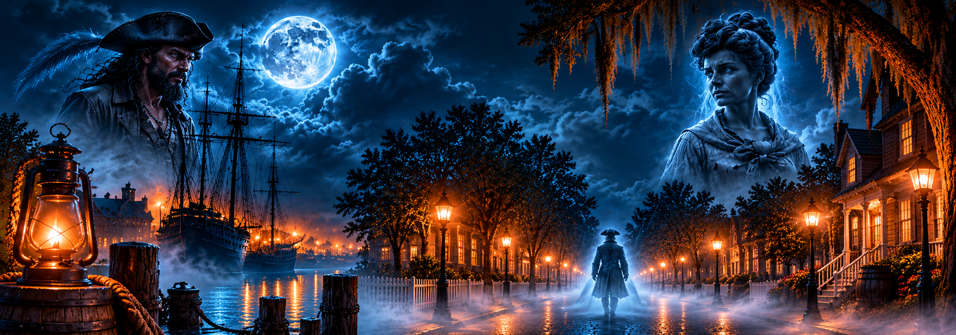 Moonlit tropical street with glowing lanterns, palm trees, and reflections on wet pavement