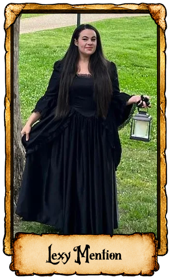 Woman in a long black dress standing on grass holding a lantern, framed by a decorative border.