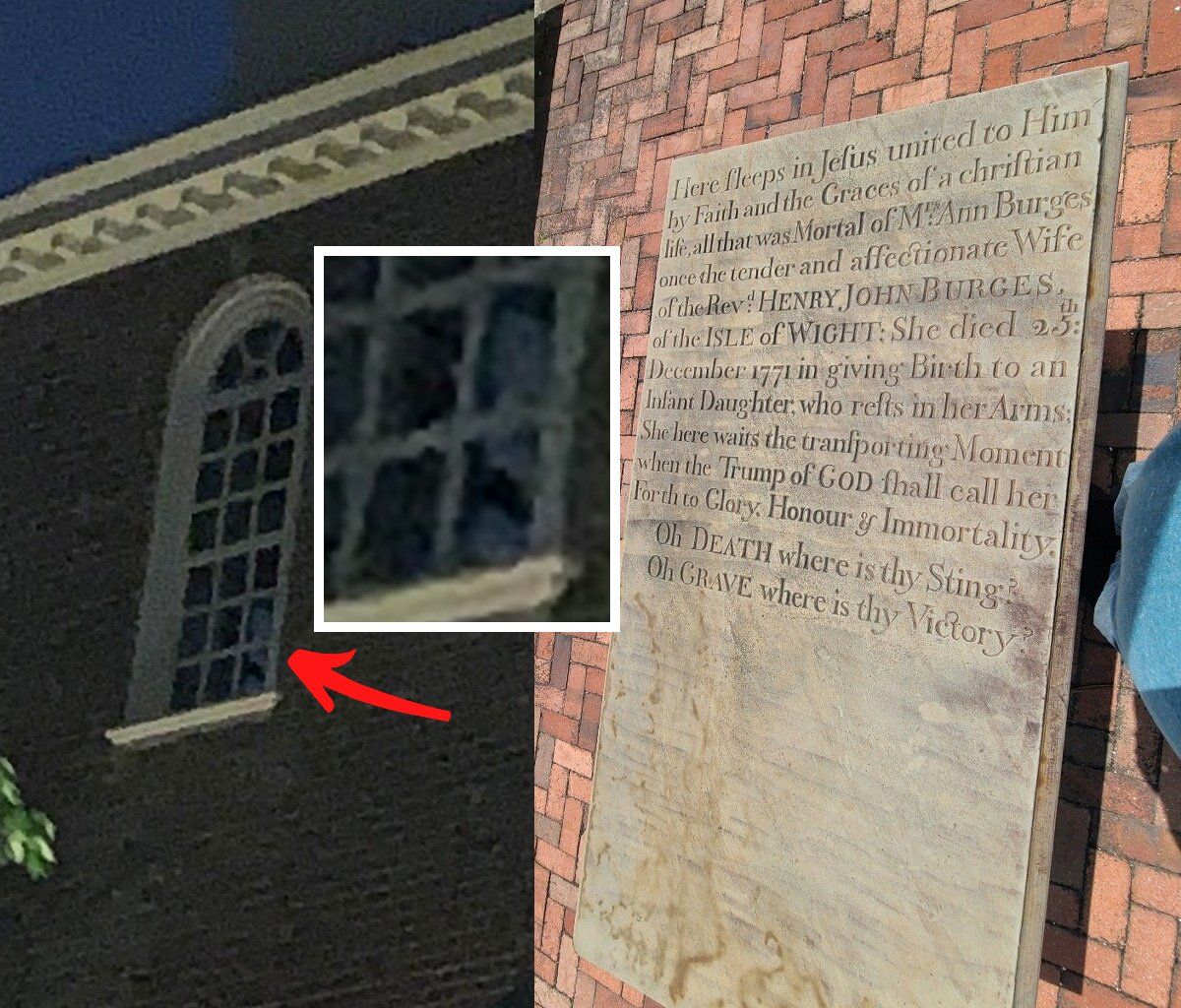 Church exterior, arched window with a blurry figure. Stone plaque on brick wall.