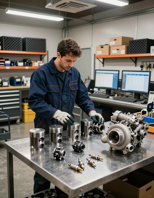 Técnico revisando repuestos de tractor y camión