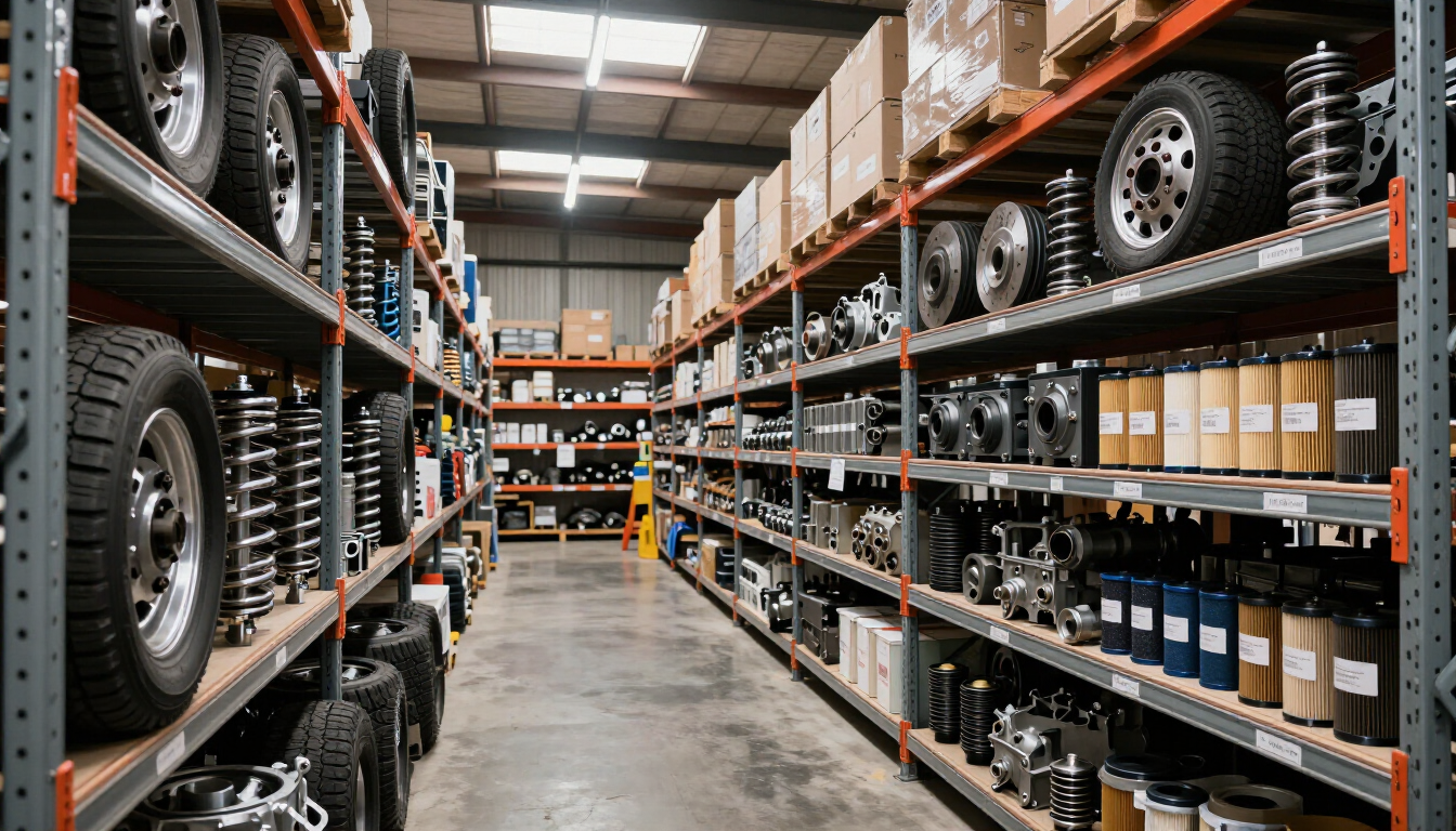 Pasillo de almacén con estanterías llenas de neumáticos, cajas y repuestos de automóviles bajo iluminación industrial.