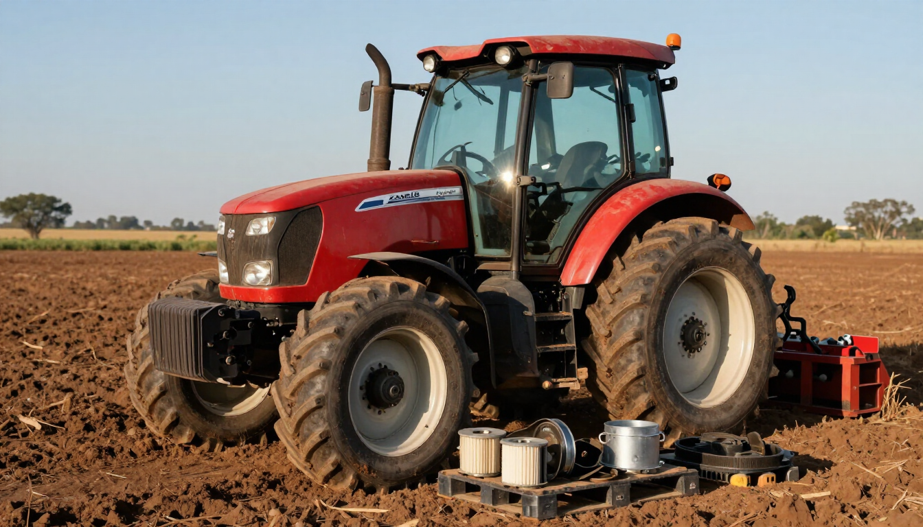 Tractor rojo en un campo arado, preparando el terreno agrícola.