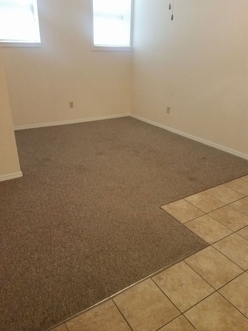 Empty room with beige carpet, tan tile floor, and two windows letting in light
