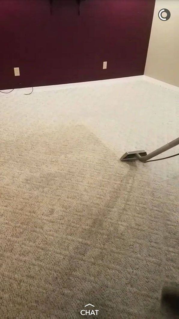 Empty room with purple accent wall and beige carpet being vacuumed.
