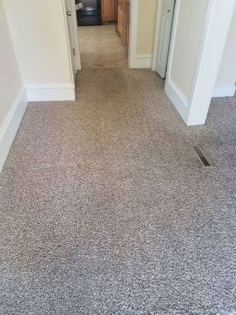Beige carpeted hallway with white walls and doorways leading to another room.