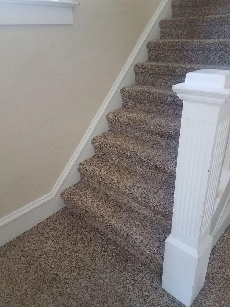 Carpeted staircase with white trim and a white banister in a beige interior hallway