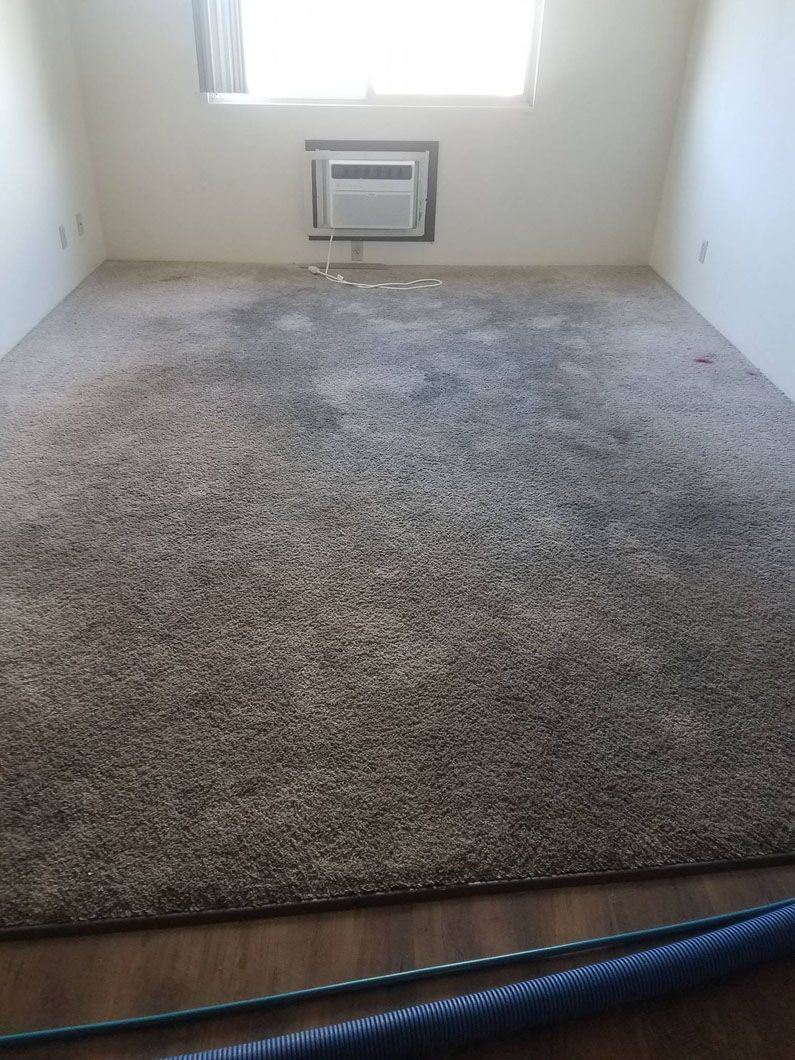 Empty carpeted room with a window and wall air conditioner unit