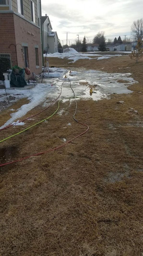 Snowy yard beside a brick house with patchy brown grass and a hose on the ground