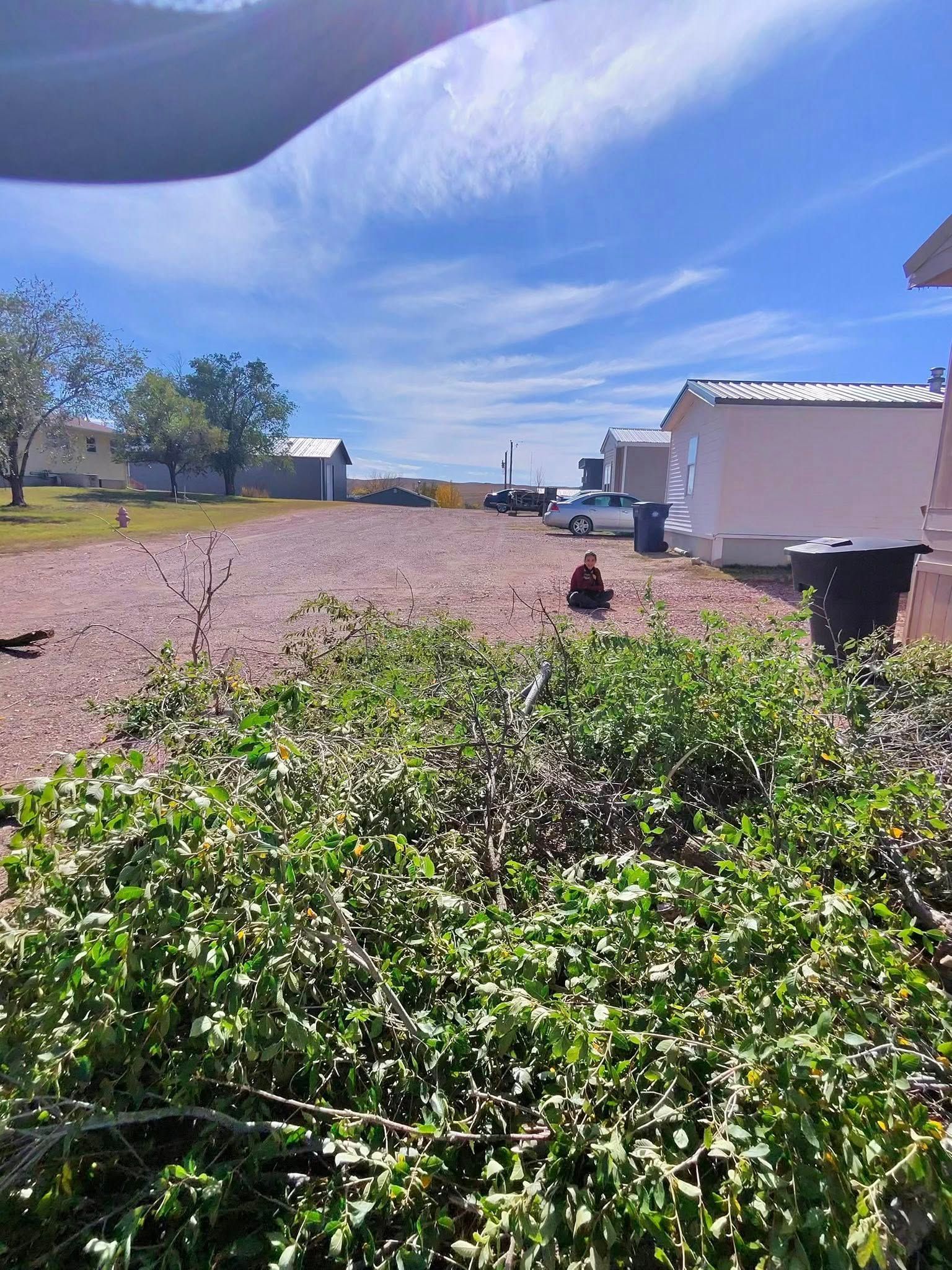 Rural gravel lane beside white trailers and green bushes under a bright blue sky