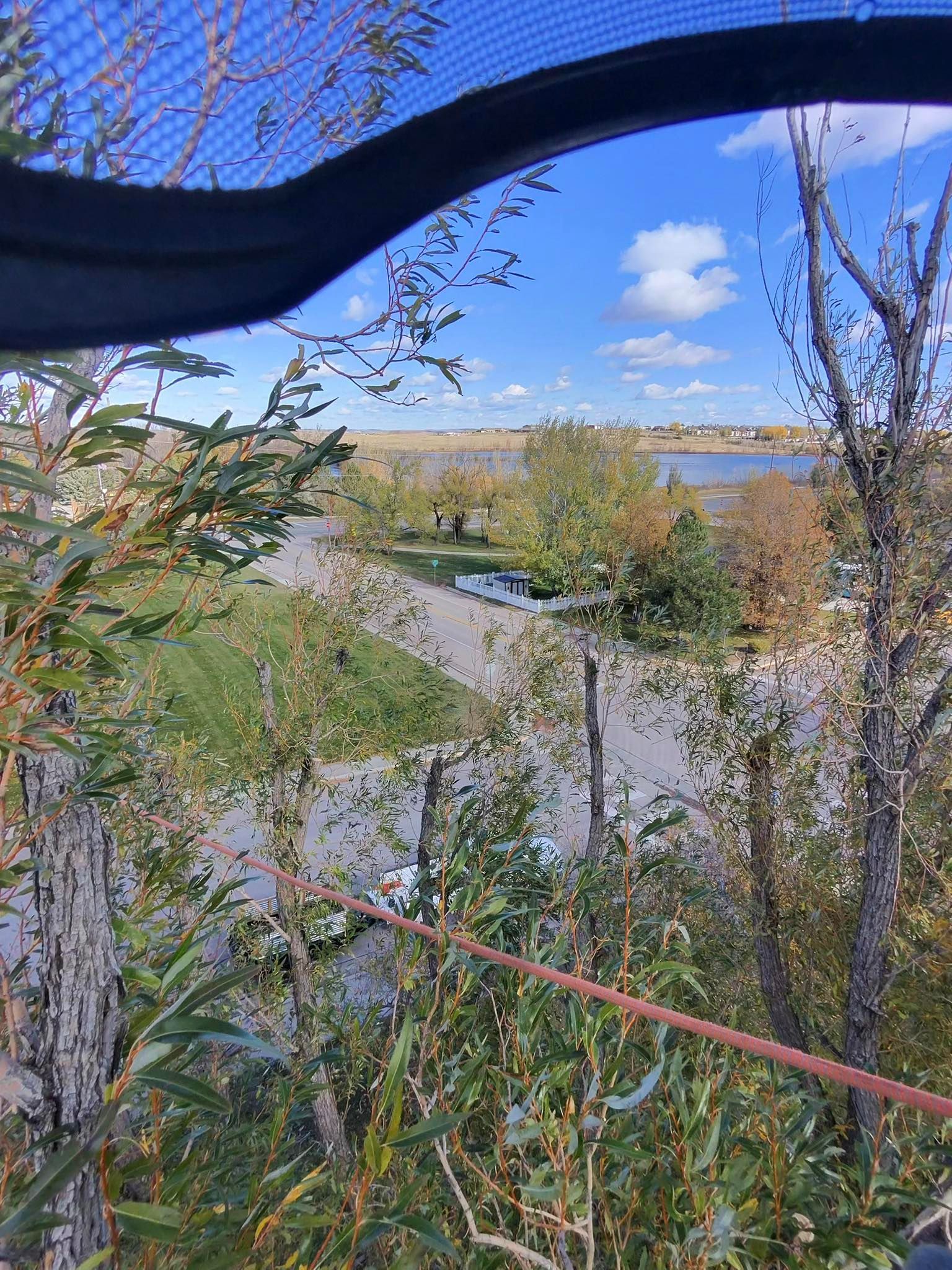 View from a wooded overlook with autumn trees, a winding path, and a lake in the distance.