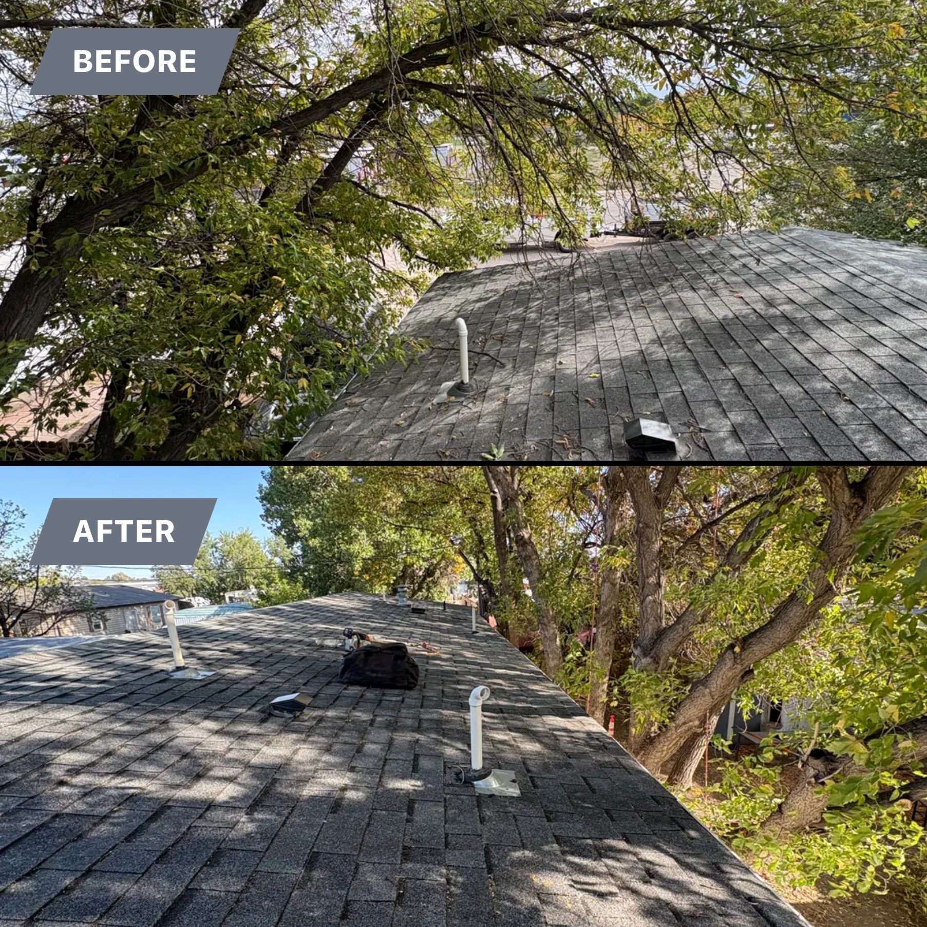 Before-and-after roof repair under trees, showing shingles cleaned and a vent added.
