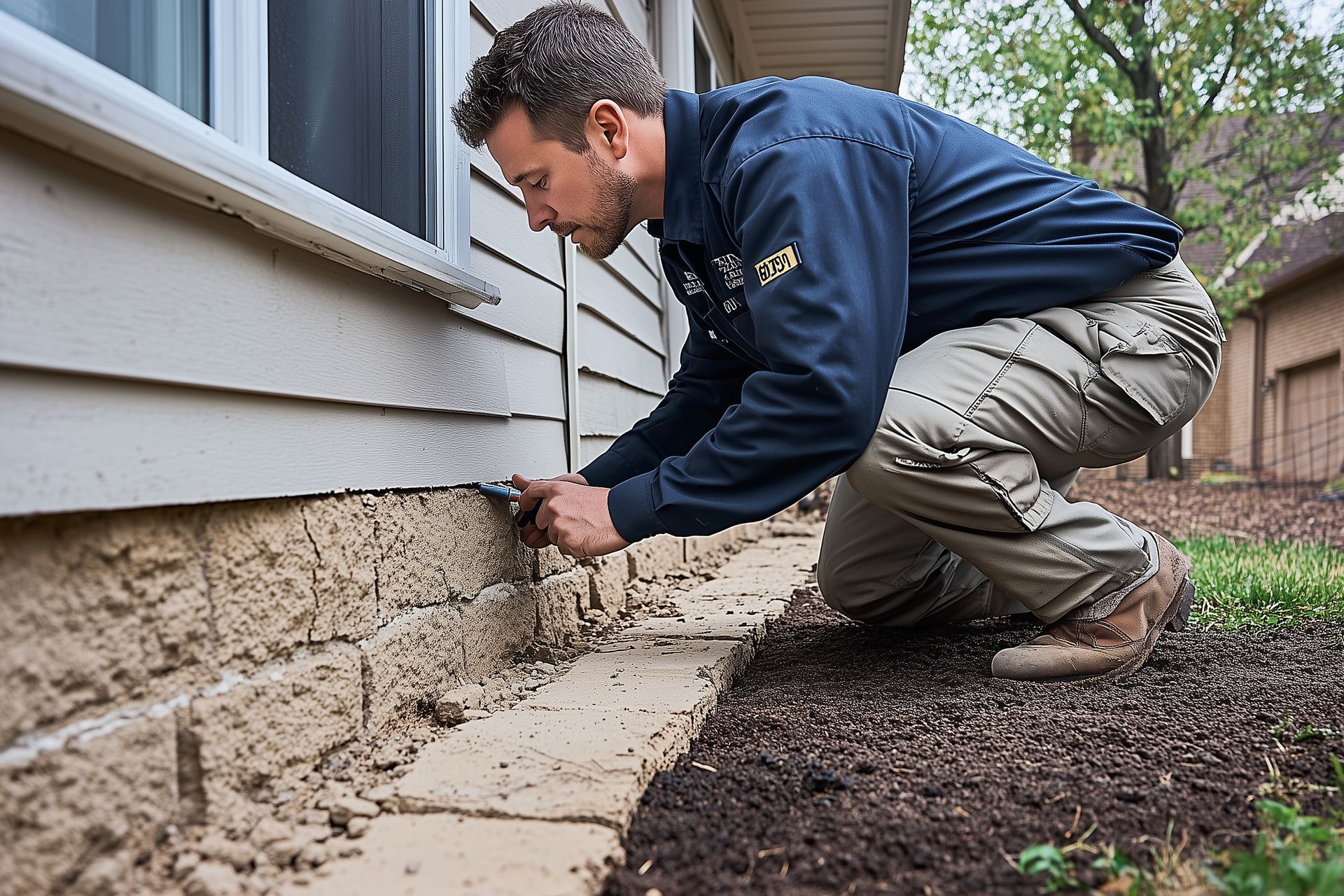 Person crouching beside a house foundation, inspecting cracked masonry near the siding.