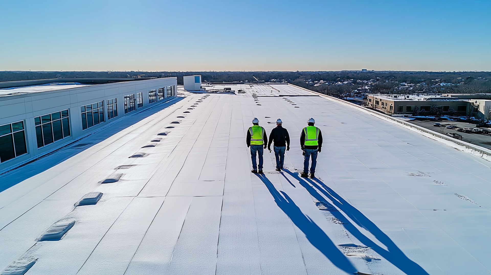 Three workers in safety vests walk across a snow-covered rooftop under a clear sky.