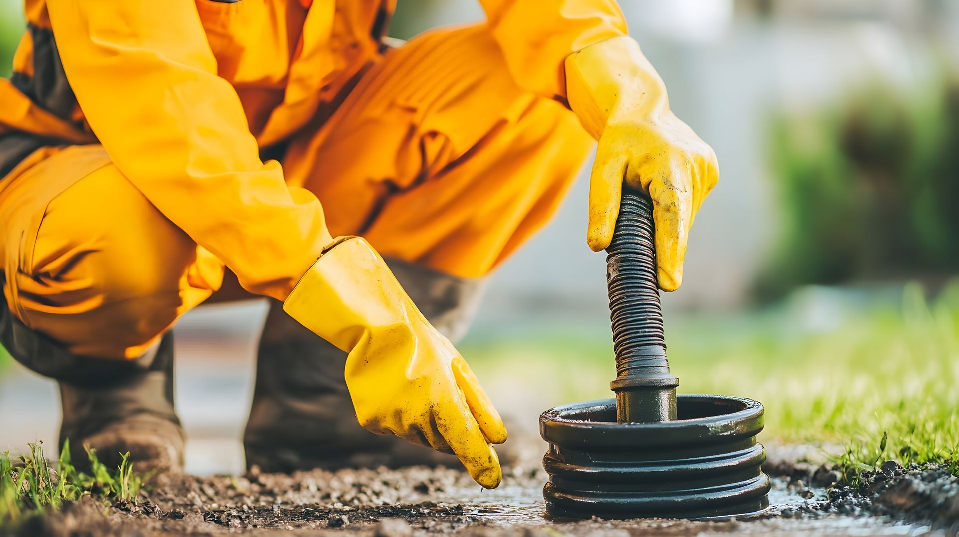 Worker in orange coveralls and yellow gloves planting a black garden light in soil outdoors