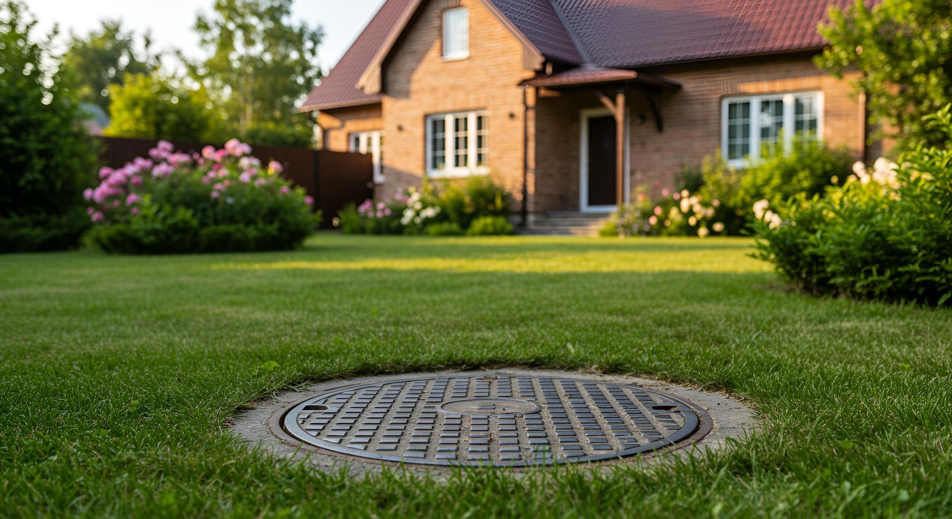 Round manhole cover in a green lawn before a brick house with flowers and a porch