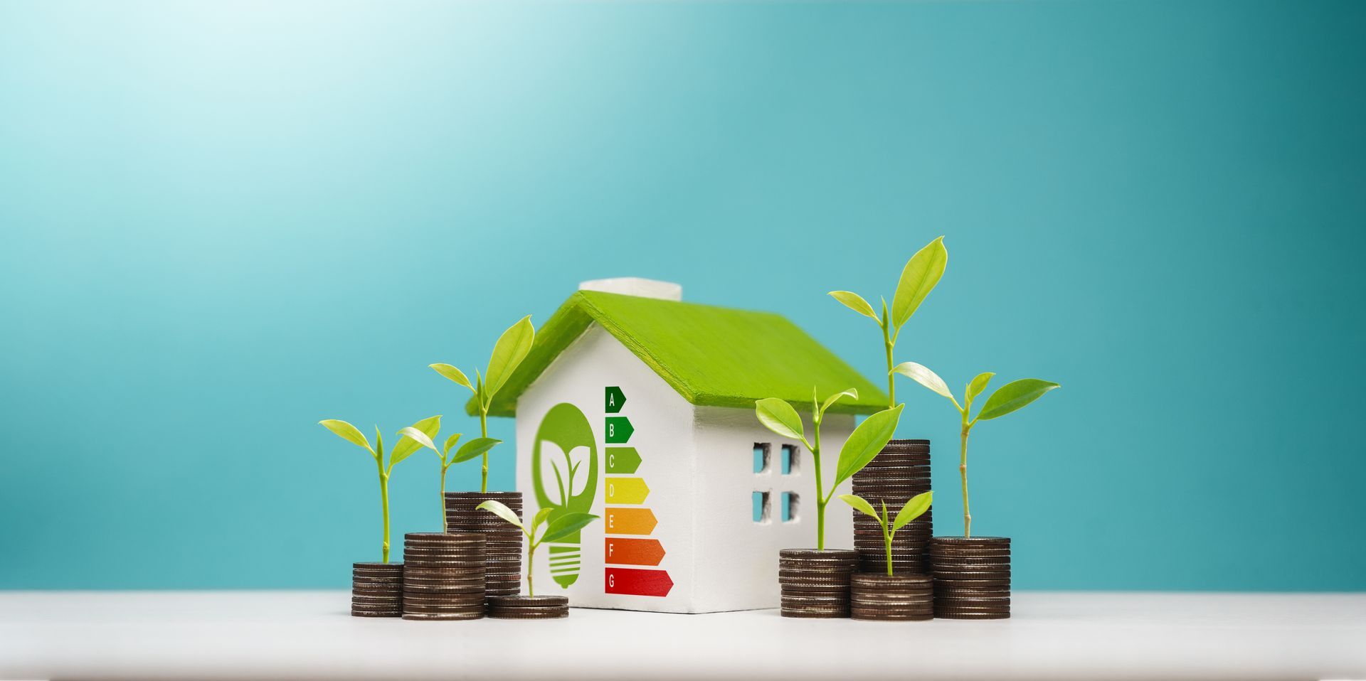 Eco-friendly house with green roof and seedlings growing from stacks of coins on a blue background