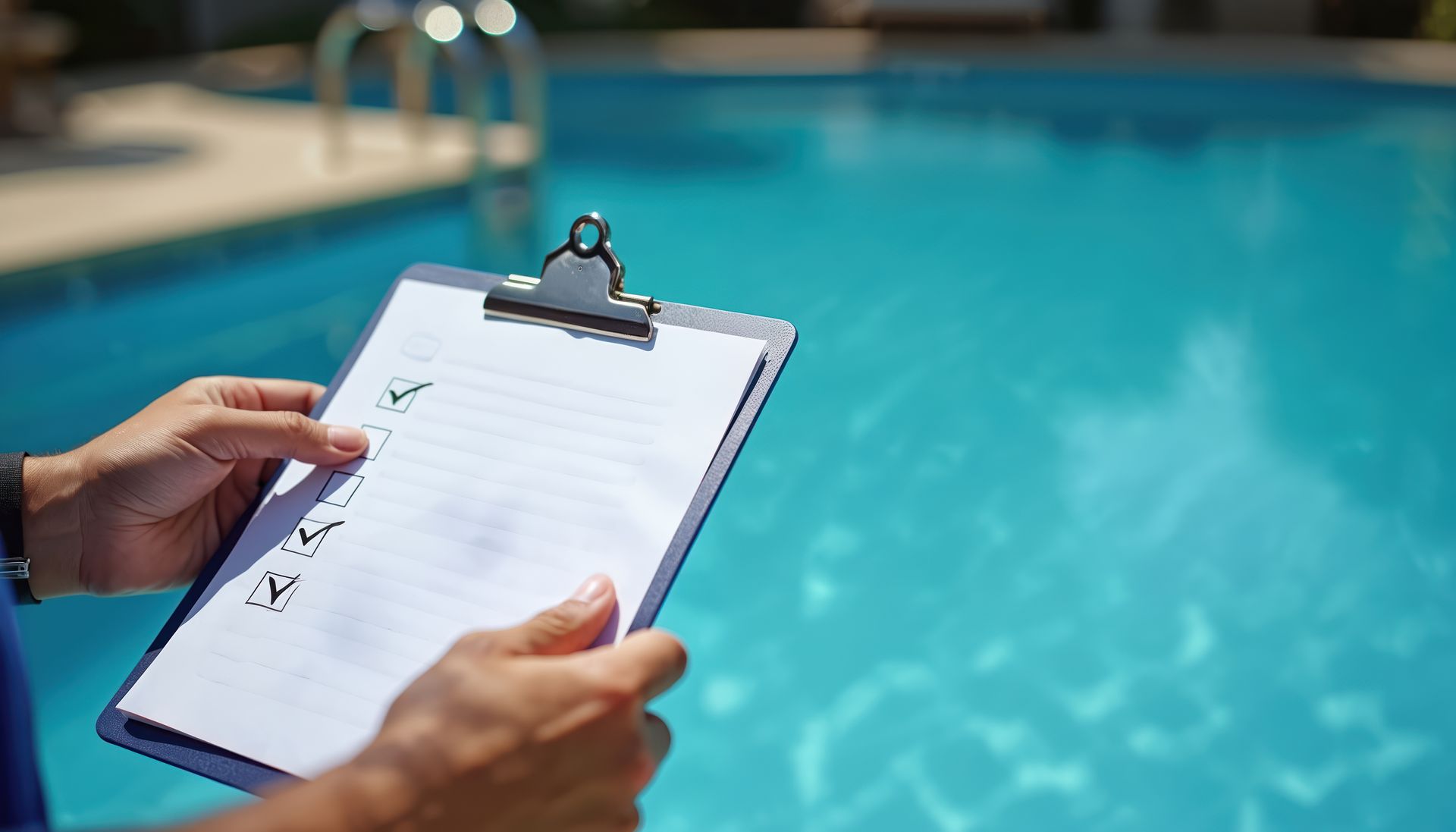 Hands holding a clipboard by a bright blue swimming pool