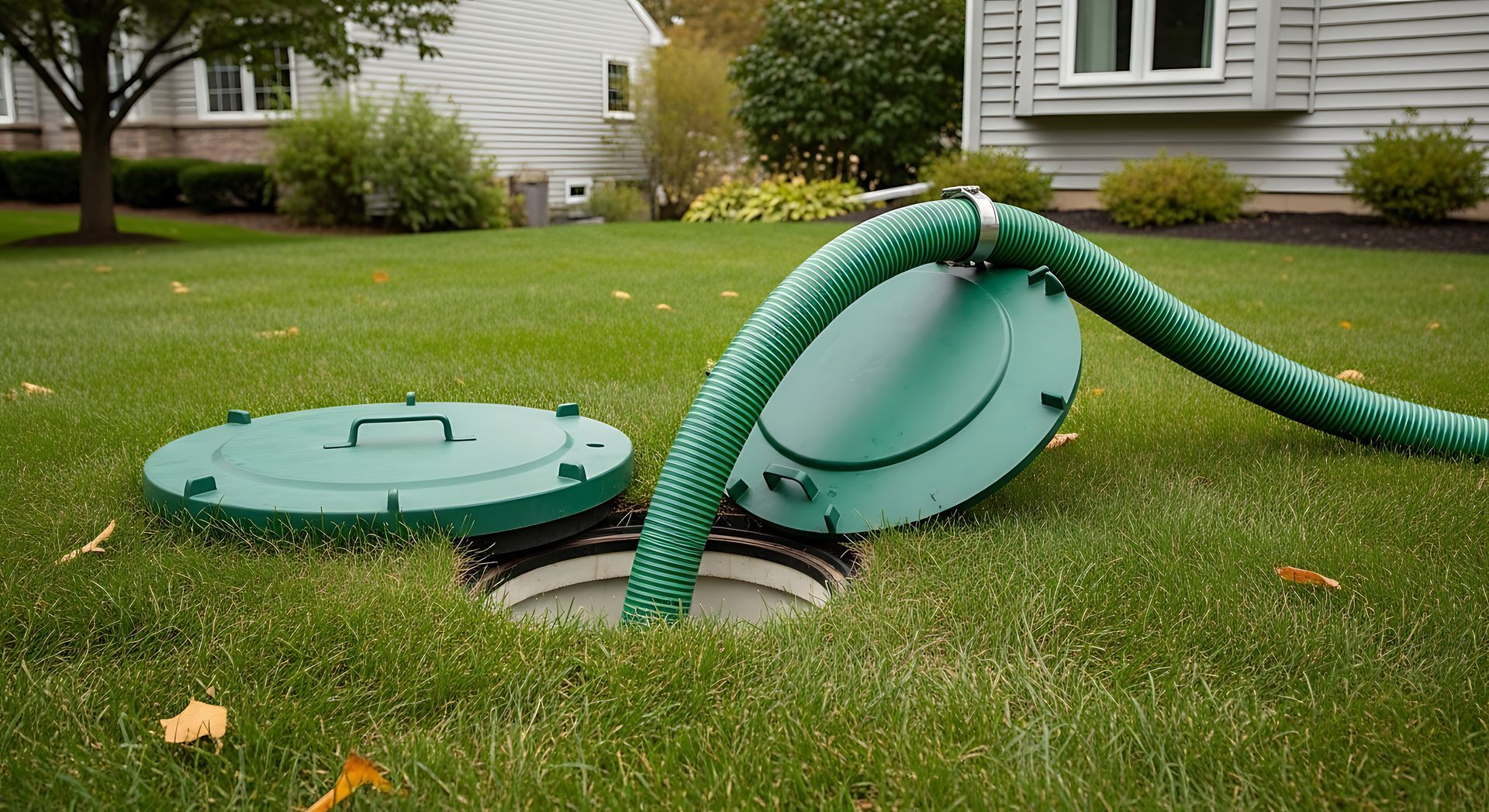 Open green utility manhole covers in a grassy suburban yard, with a green hose leading into one opening